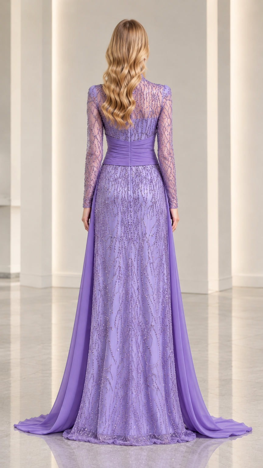 Back view of lavender sequin formal gown with sheer upper back and flowing drape