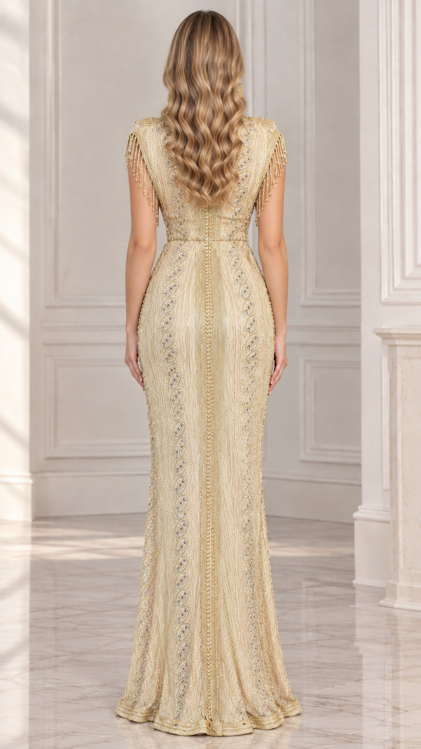 Champagne Gold floor length evening gown rear view showing fitted silhouette