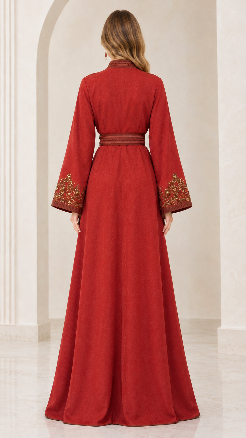 Model wearing Rust Red belted evening kaftan dress, back view