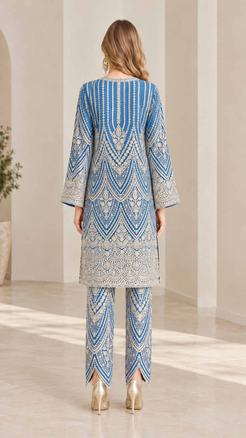 Back view of model wearing royal blue embroidered tunic and matching pants