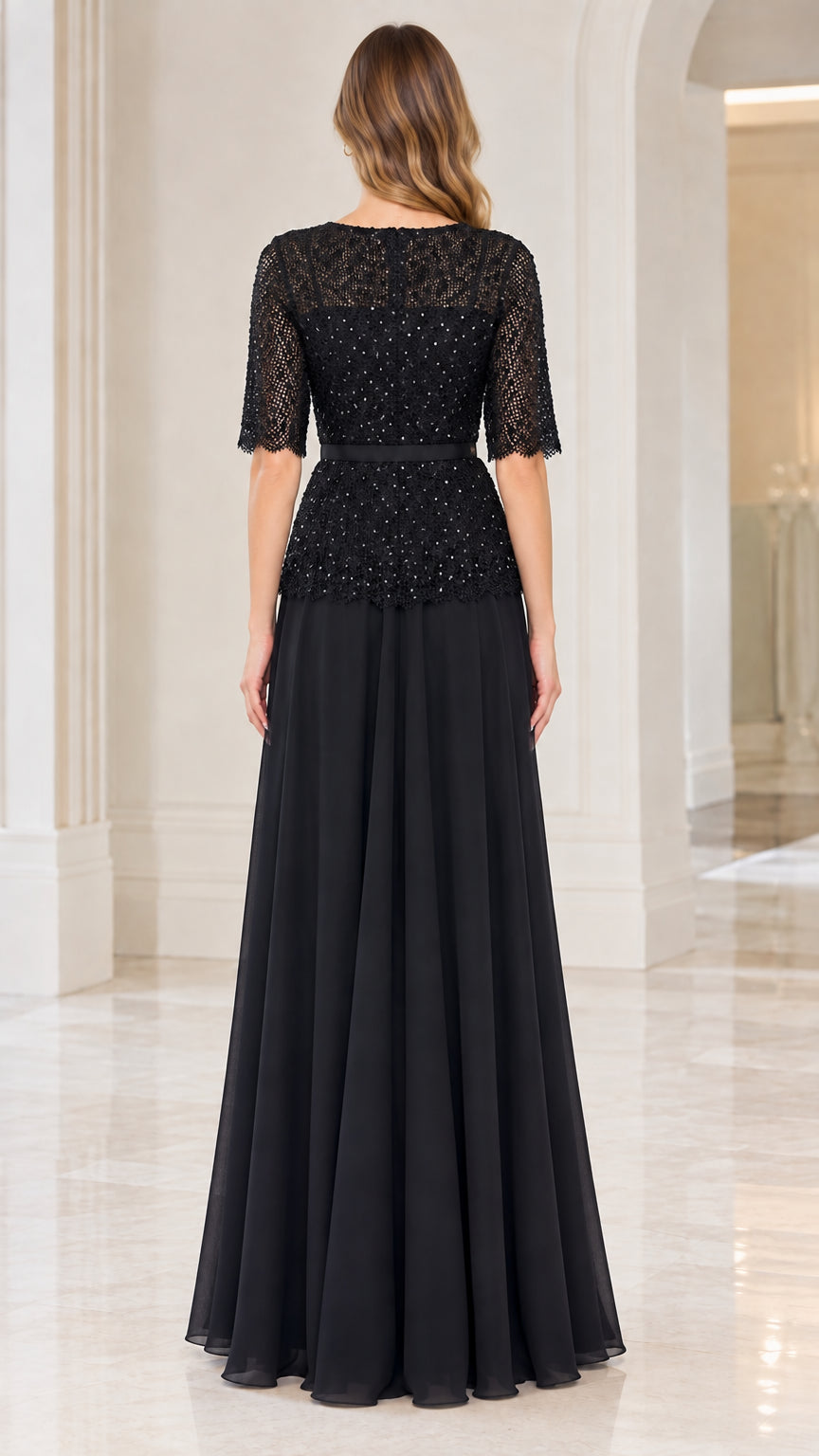 Back full view of black sequin lace formal evening maxi dress