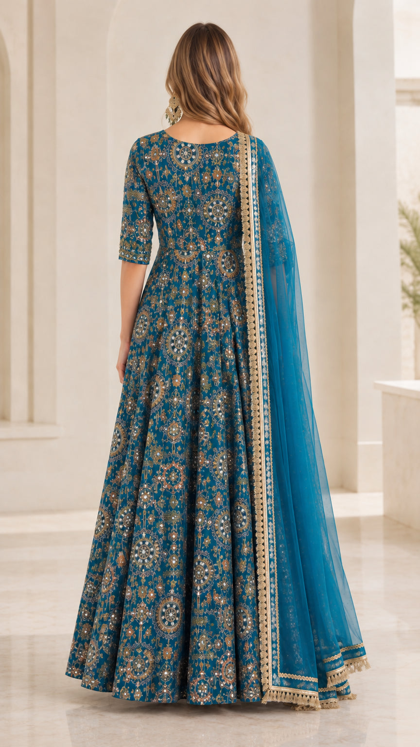 Back view of woman in Teal Blue floor-length Anarkali gown and sheer dupatta