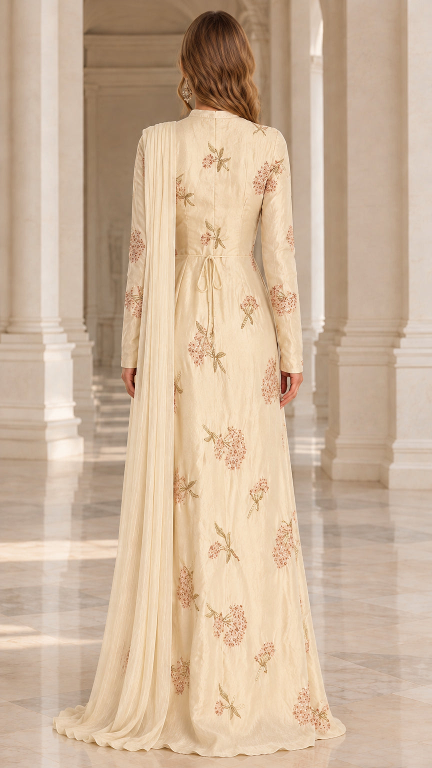 Back view of champagne embroidered gown showing waist tie detail and flowing drape