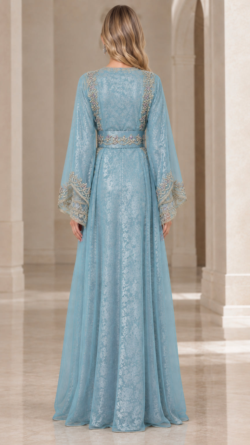 Back view of dusty blue embroidered floor-length kaftan dress