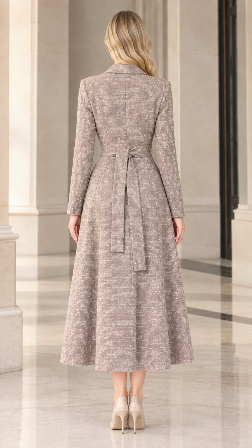 Back view of taupe tweed coat dress showing tie waist detail