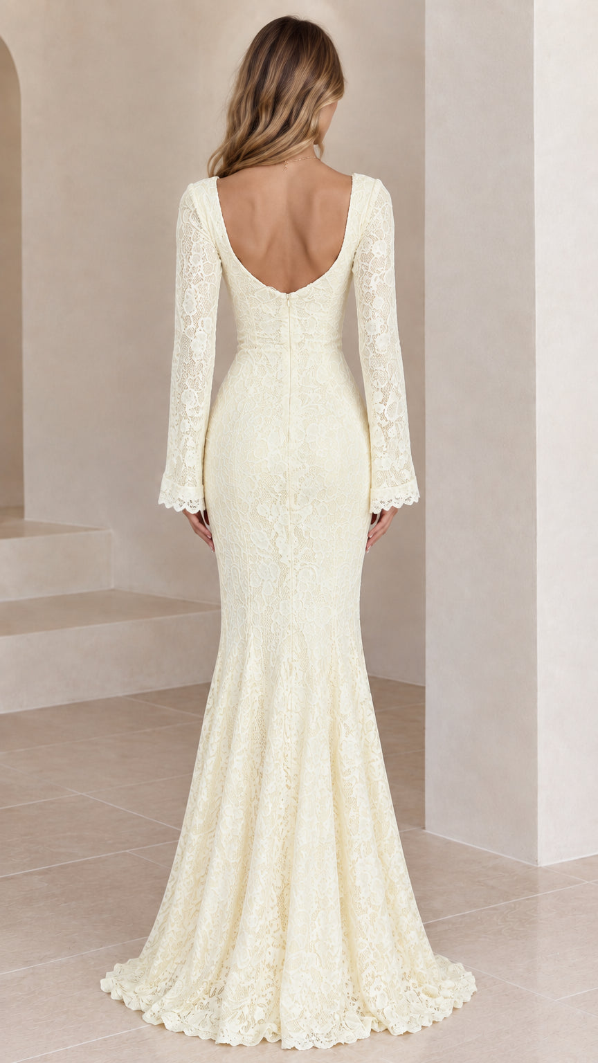 Back view of Ivory scoop back floral lace formal dress