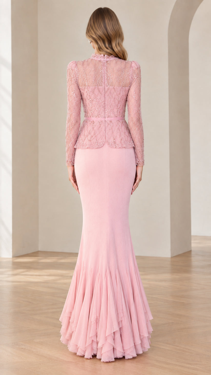 Back full-length view of blush pink beaded peplum evening gown with pleated hem
