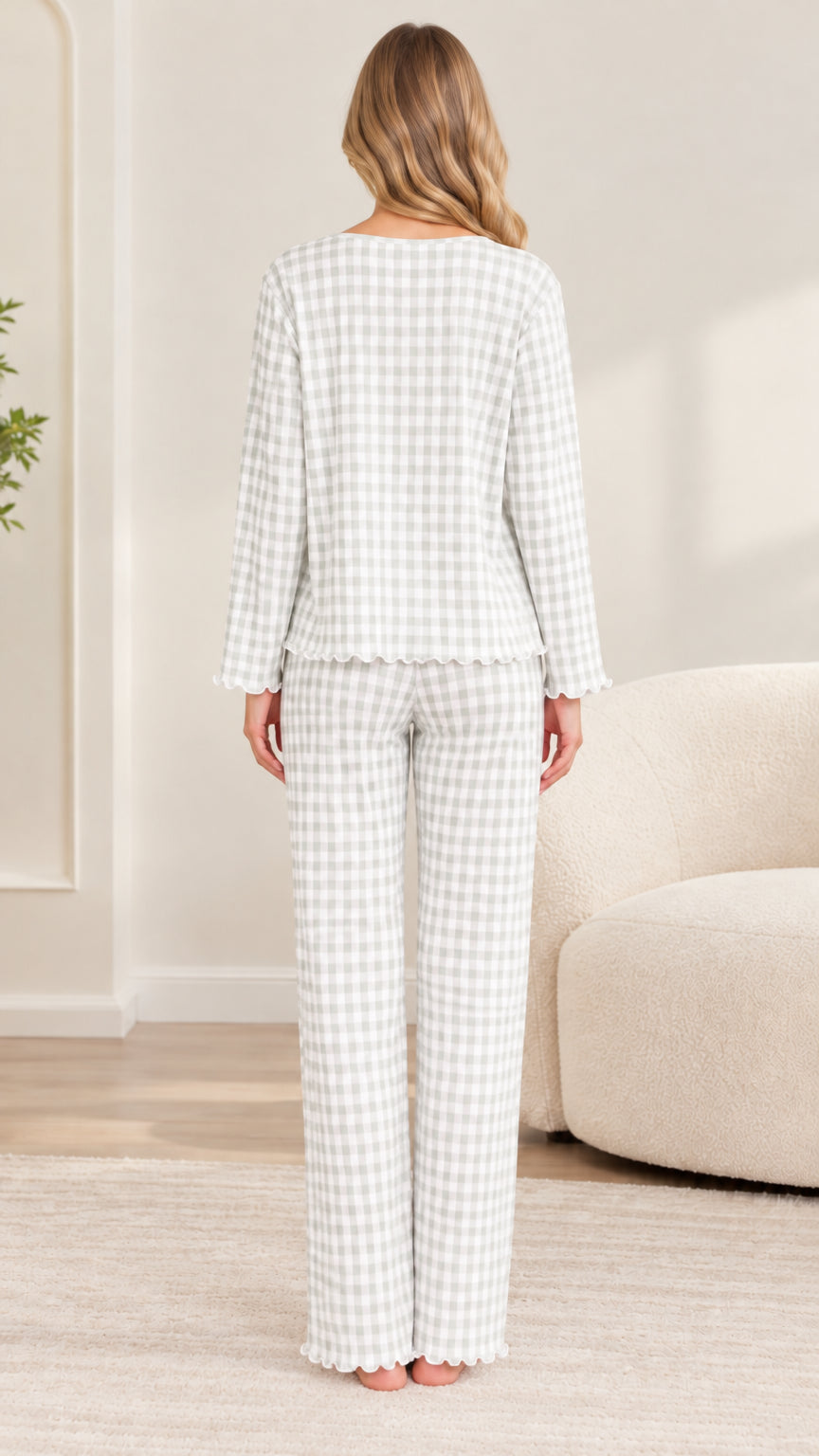 Back view of woman wearing sage green gingham two-piece lounge set