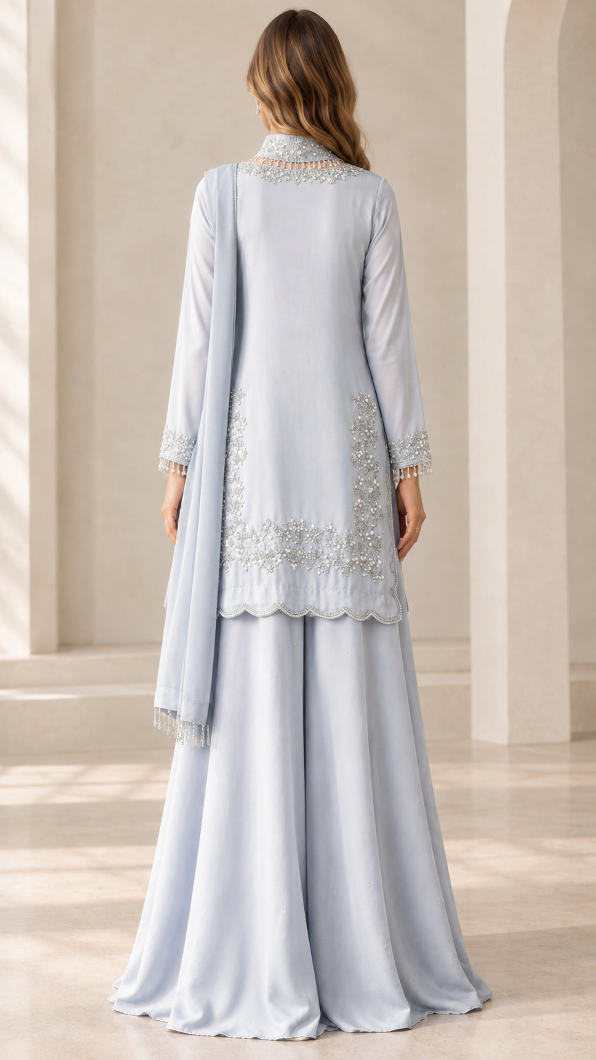 Back view of Ice Blue embroidered tunic set with matching drape scarf