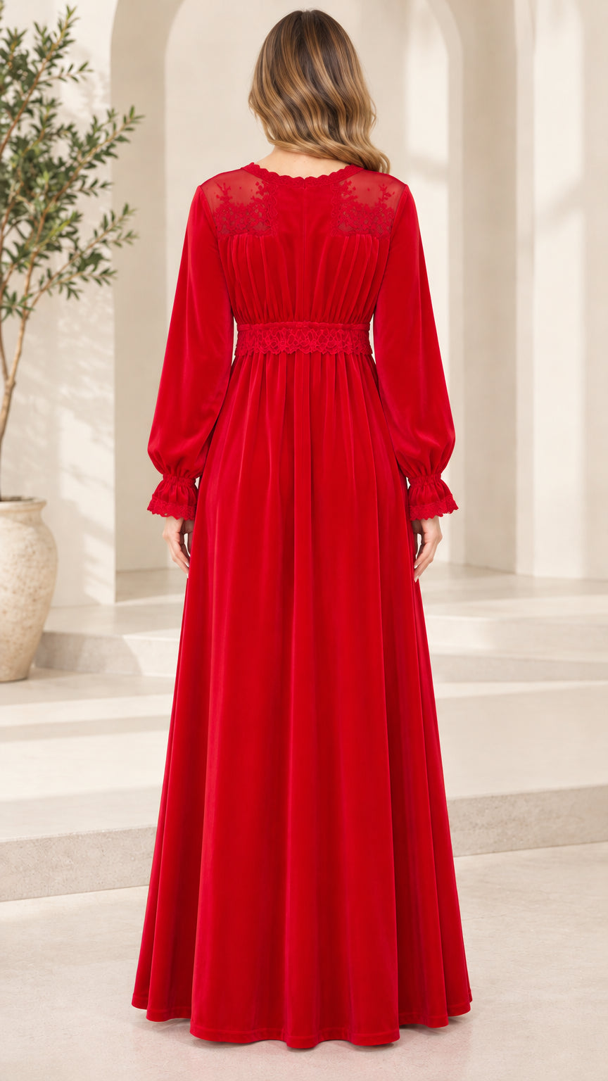 Back view of woman wearing Red velvet maxi dress showing lace shoulder details