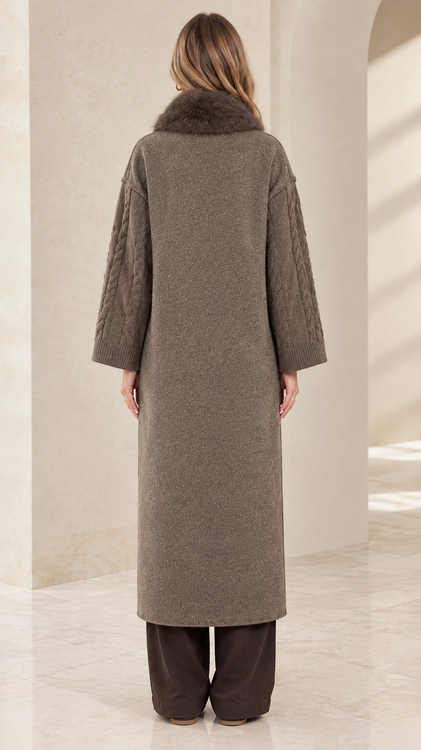 Taupe fur collar knit duster back view