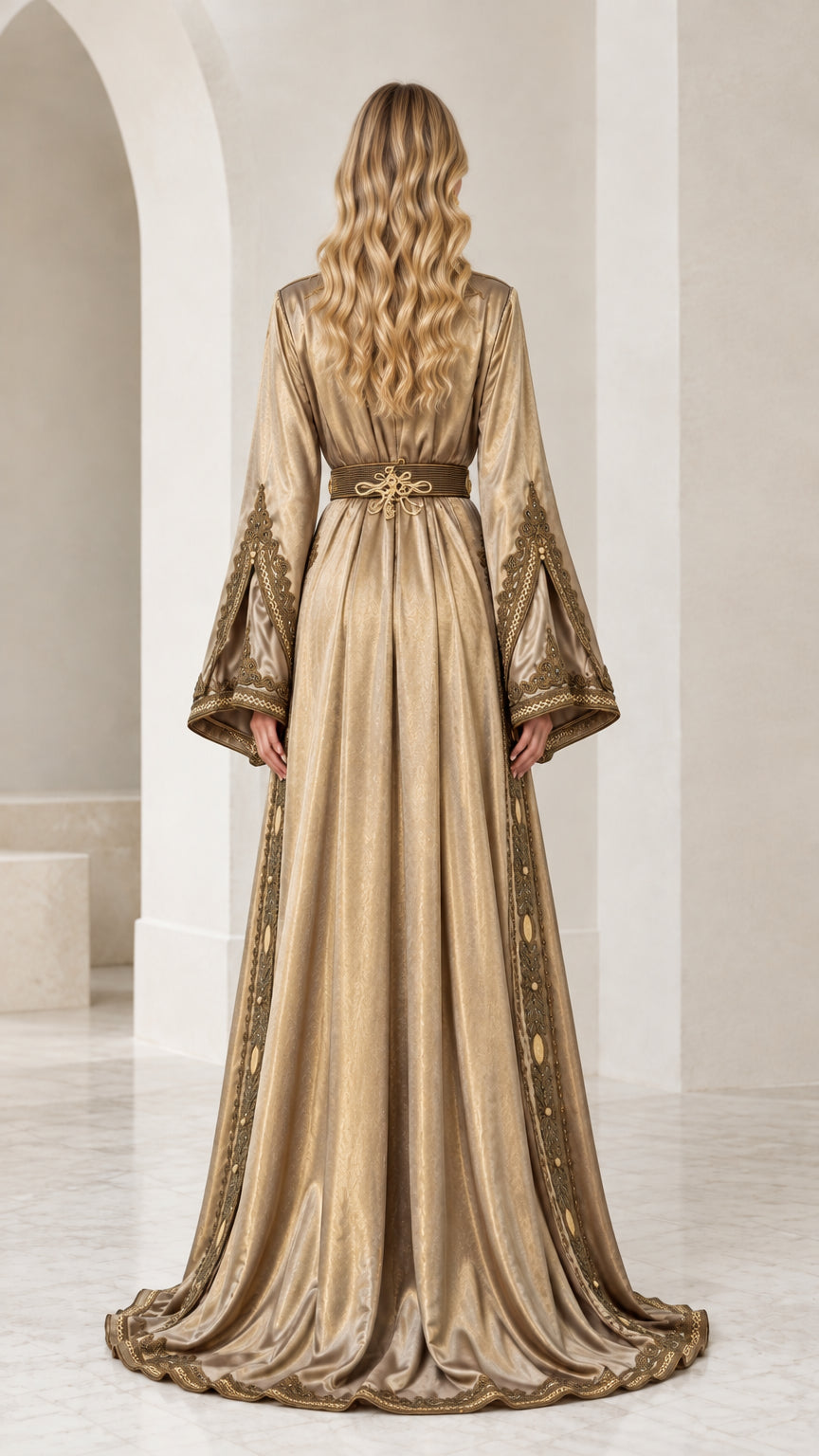 Back view of Champagne Gold long evening kaftan dress with belted waist