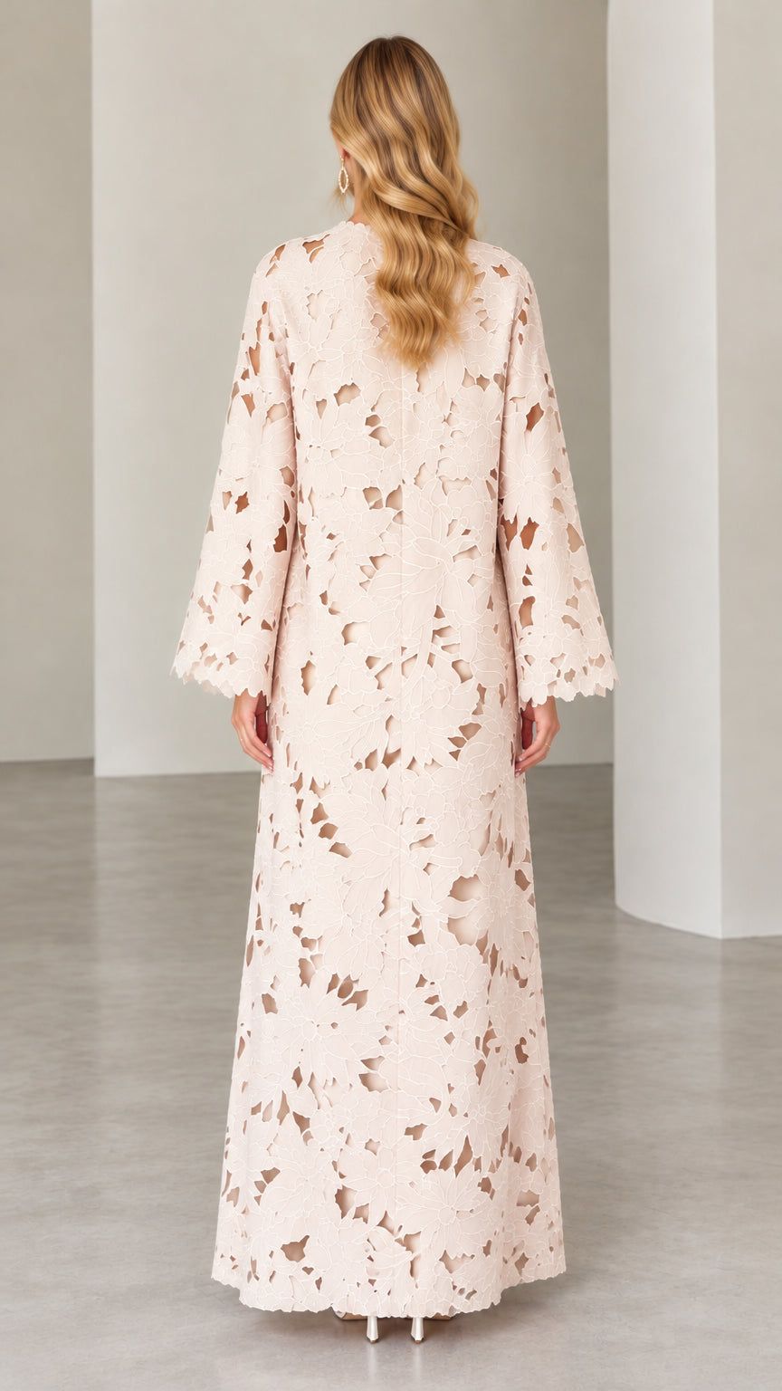 Back view of blush pink floral cut-out lace modest abaya gown