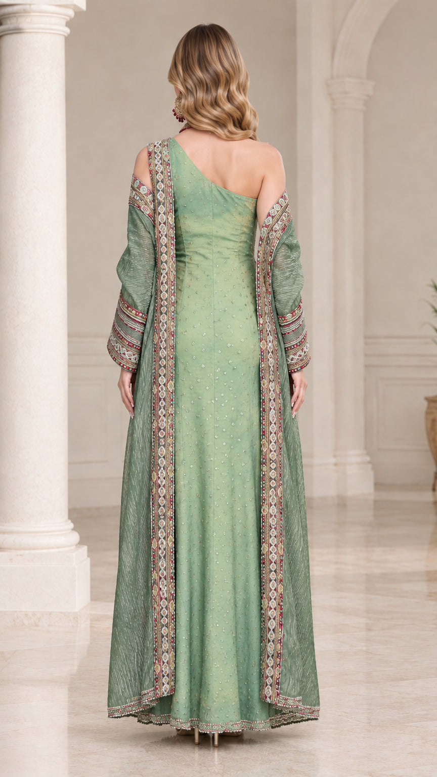 Back view of sage green one-shoulder dress and textured duster coat