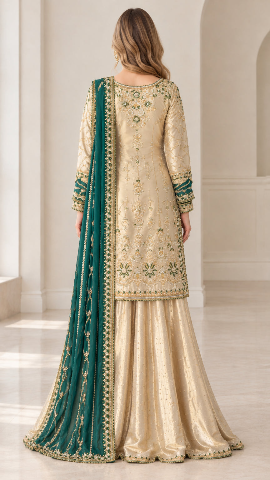 Back view of model showcasing gold embroidered kurti and trailing green dupatta