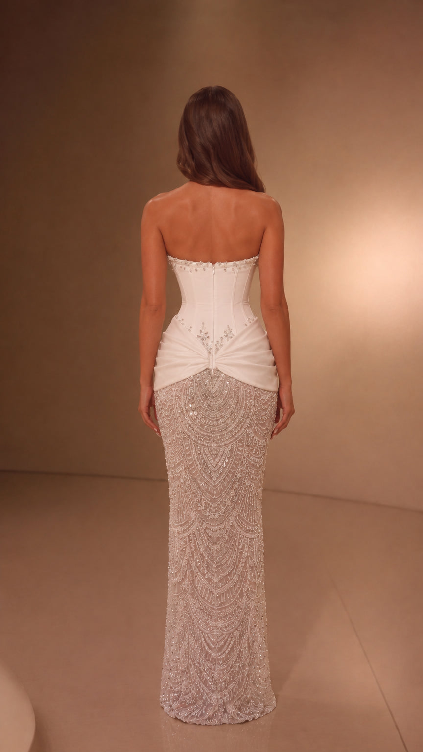 White corset beaded evening dress with boning - back view