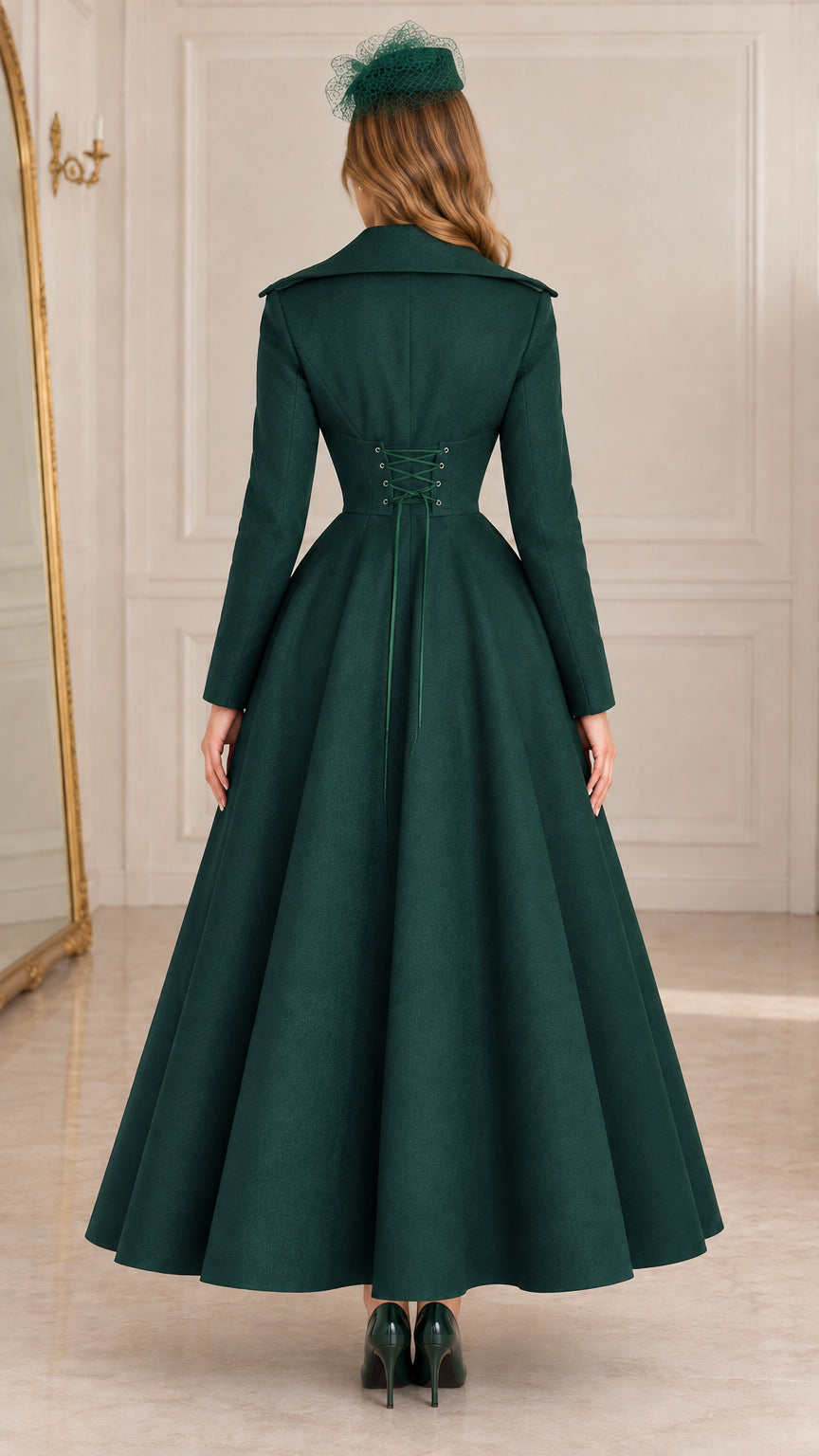 Back view of Forest Green maxi coat dress highlighting adjustable lace-up corset detail
