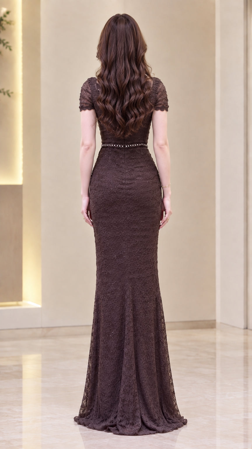 Back view of Chocolate Brown floor-length lace dress showcasing fitted cut and back zipper