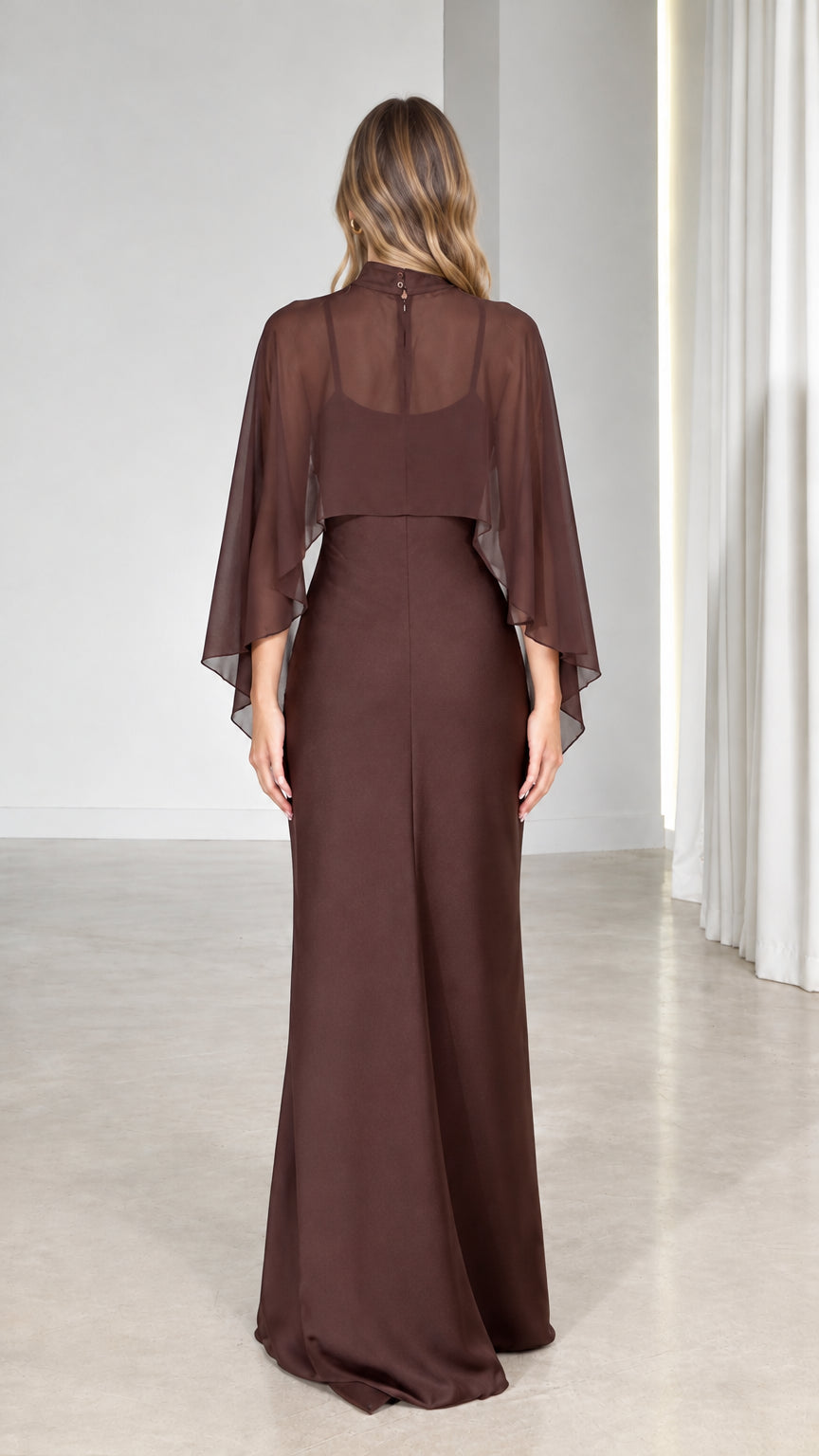 Back view of model showing sheer mock neck back button detail on Chocolate Brown dress