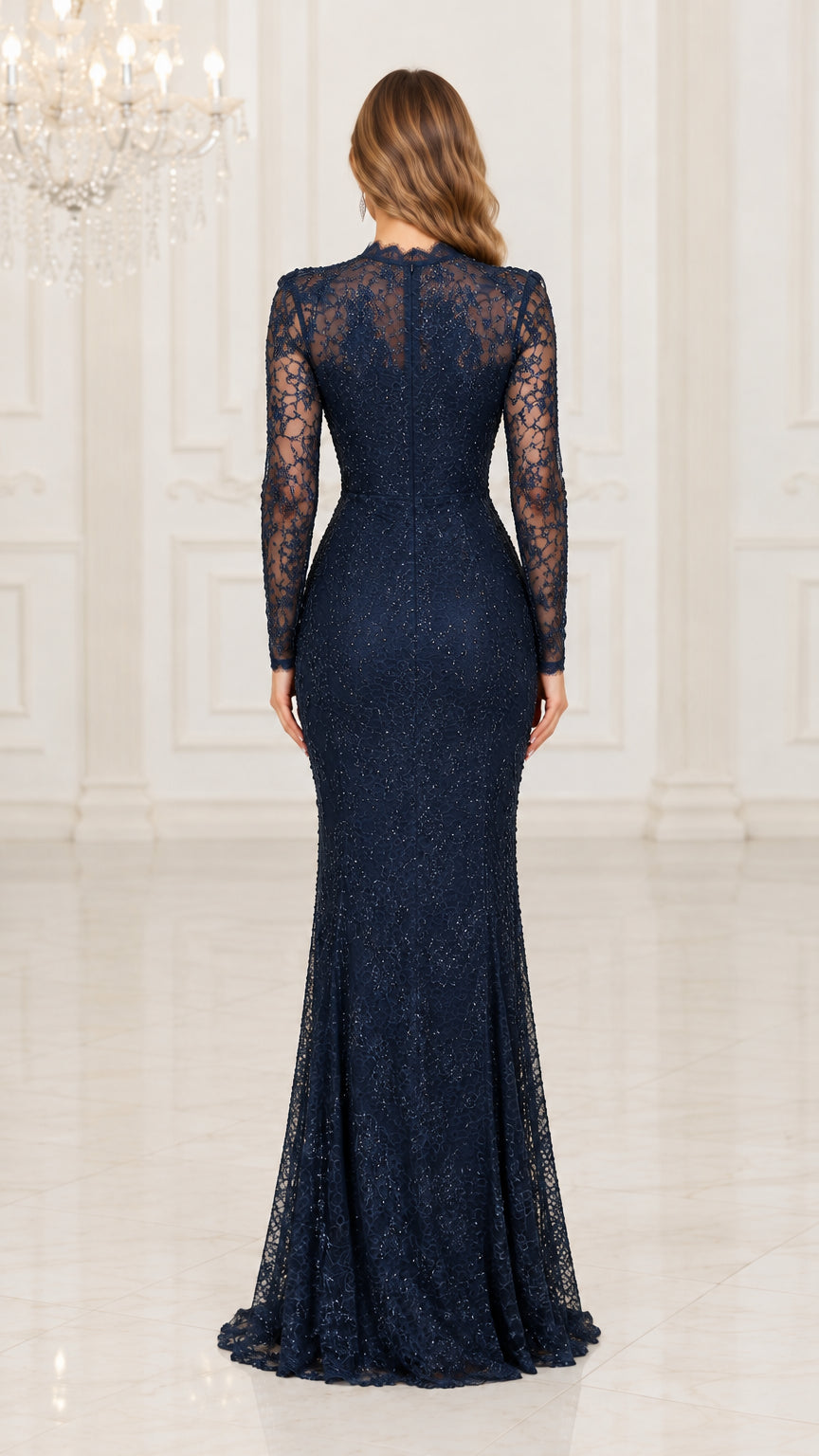 Navy Blue sequin lace formal dress back view