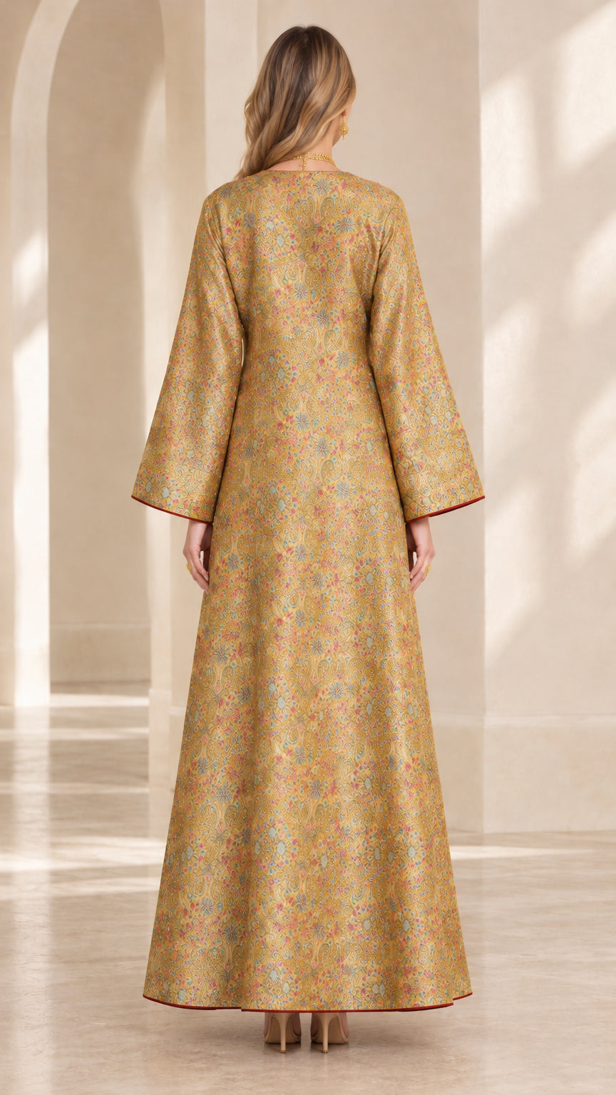 Back full-length view of gold woven jacquard maxi abaya showing drape and sleeve shape