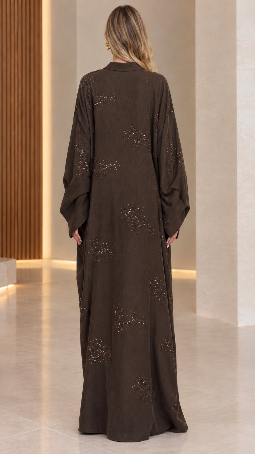 Dark Brown modest sequin kaftan dress back view