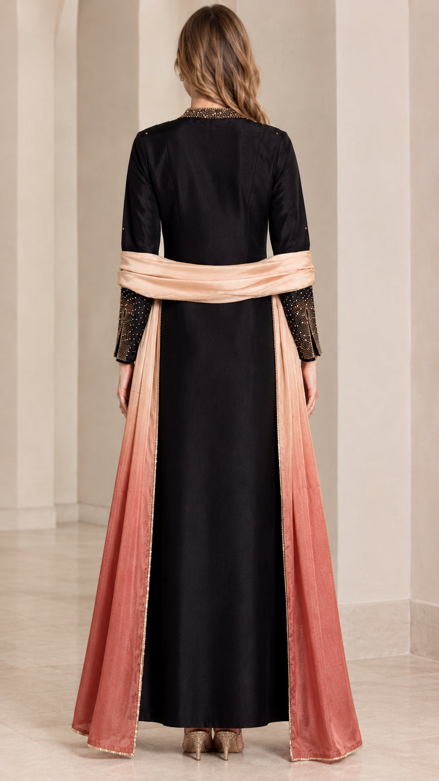 Back view of black maxi dress with draped ombre scarf