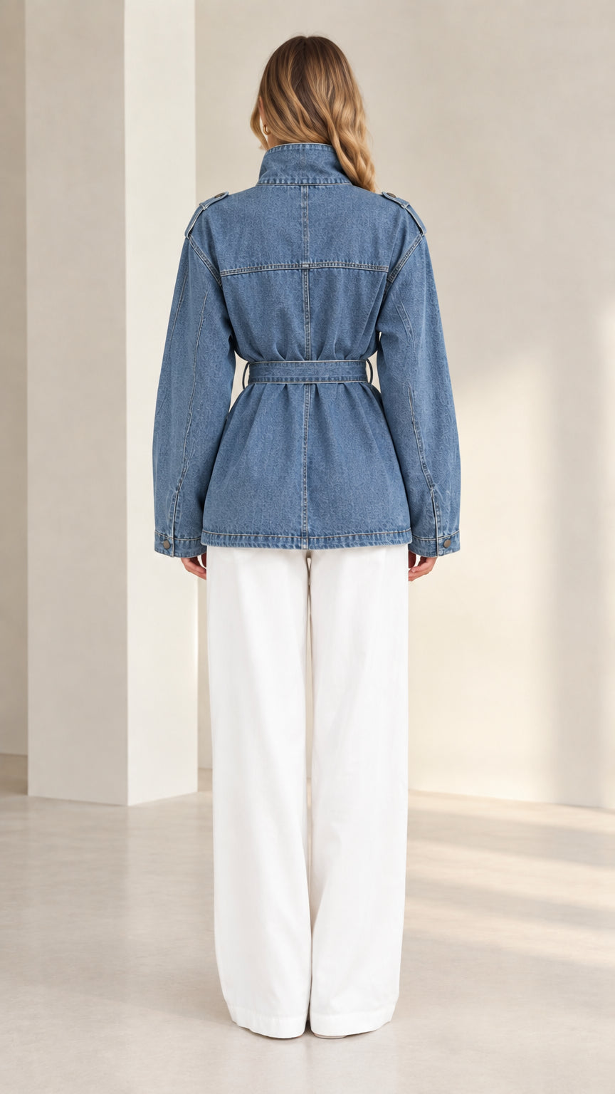 Back full-length view of model wearing denim blue belted safari jacket with structured back yoke