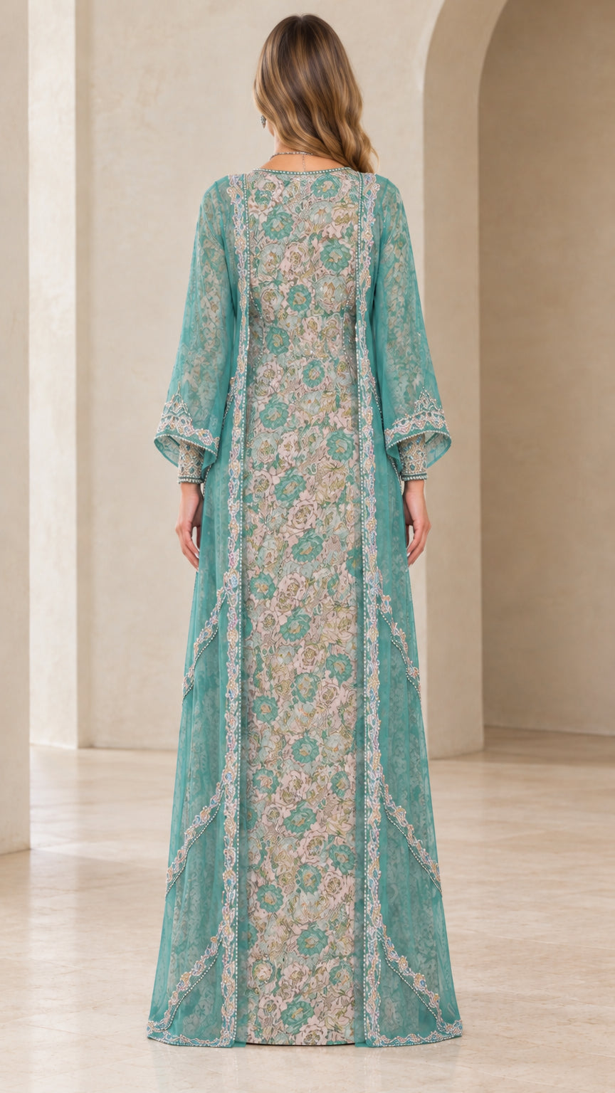 Teal floral embroidered layered kaftan dress back view