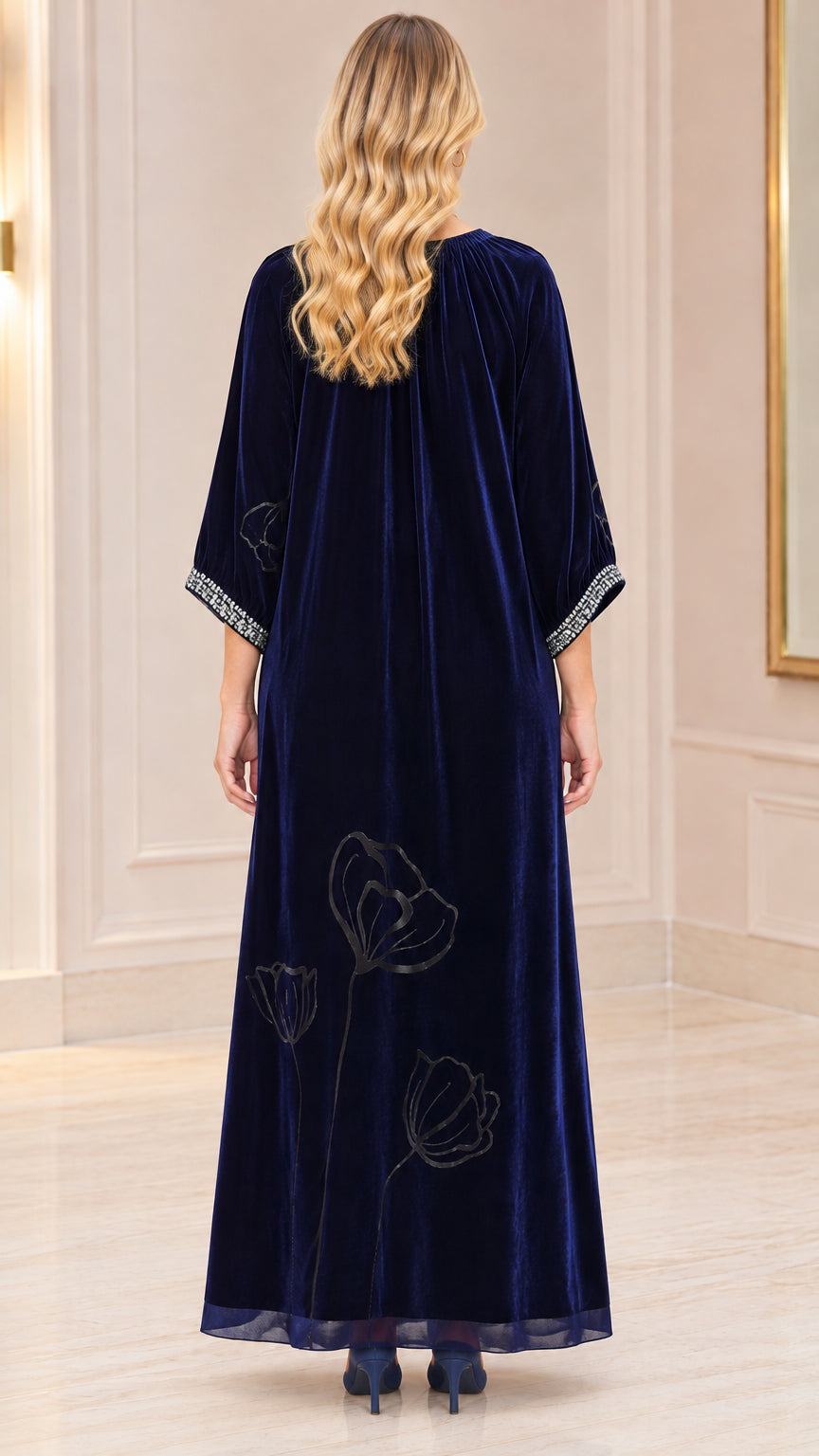 Back view of navy blue flowy velvet caftan maxi dress