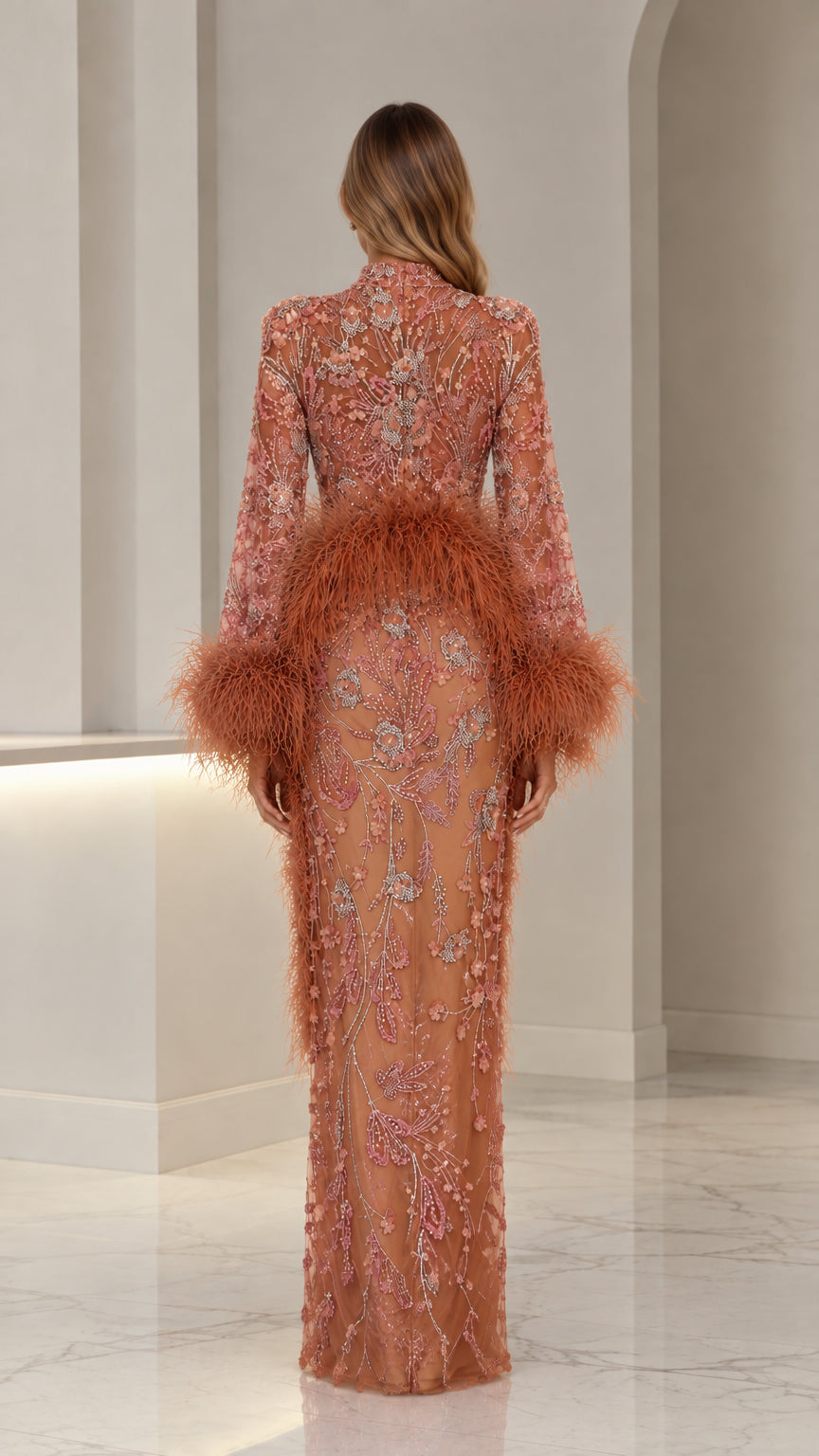 Back view of terracotta sequin formal maxi gown with feather accents