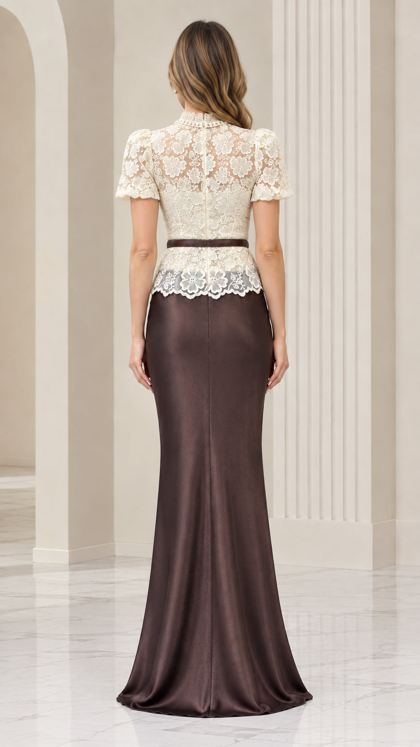 Back view of model in chocolate brown lace and satin evening gown showing back zip and slim belt