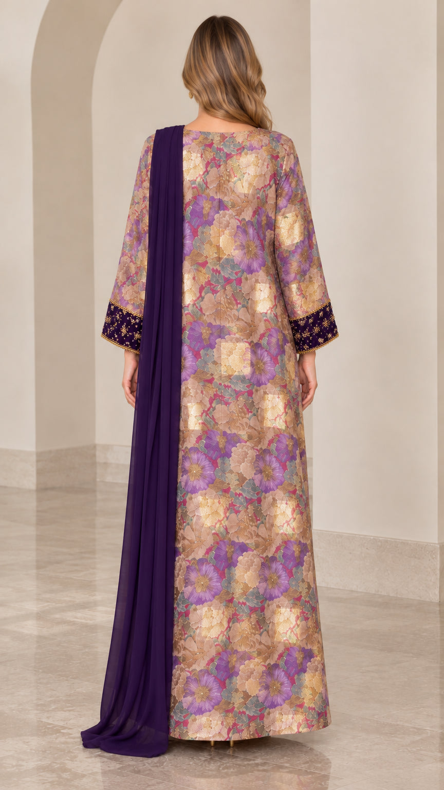 Back view of full-length floral kaftan dress with flowing drape