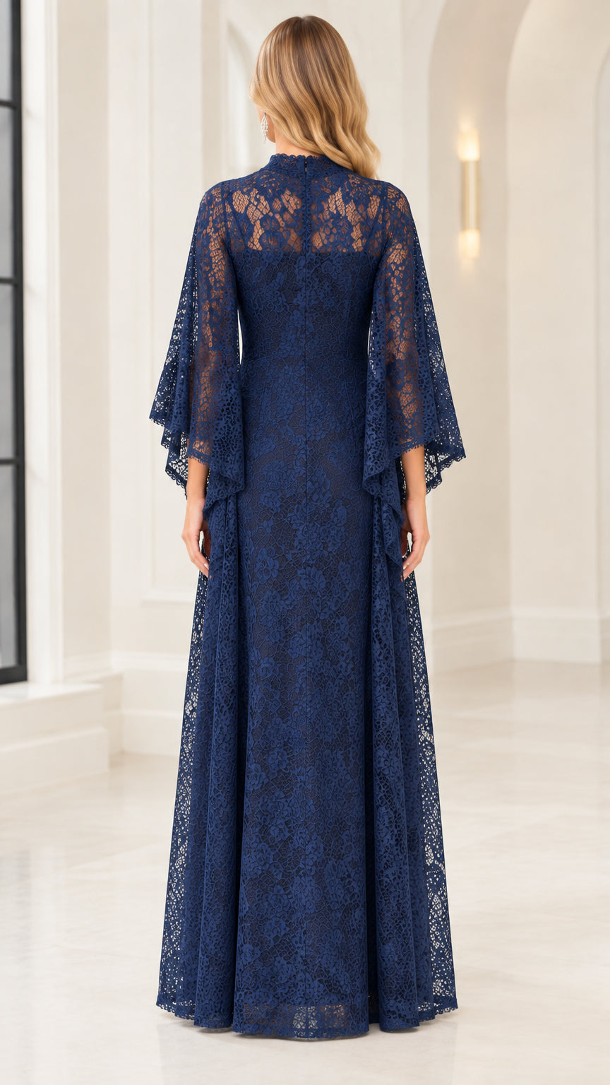 Back view of Navy Blue lace evening dress showing cape coverage and back neckline