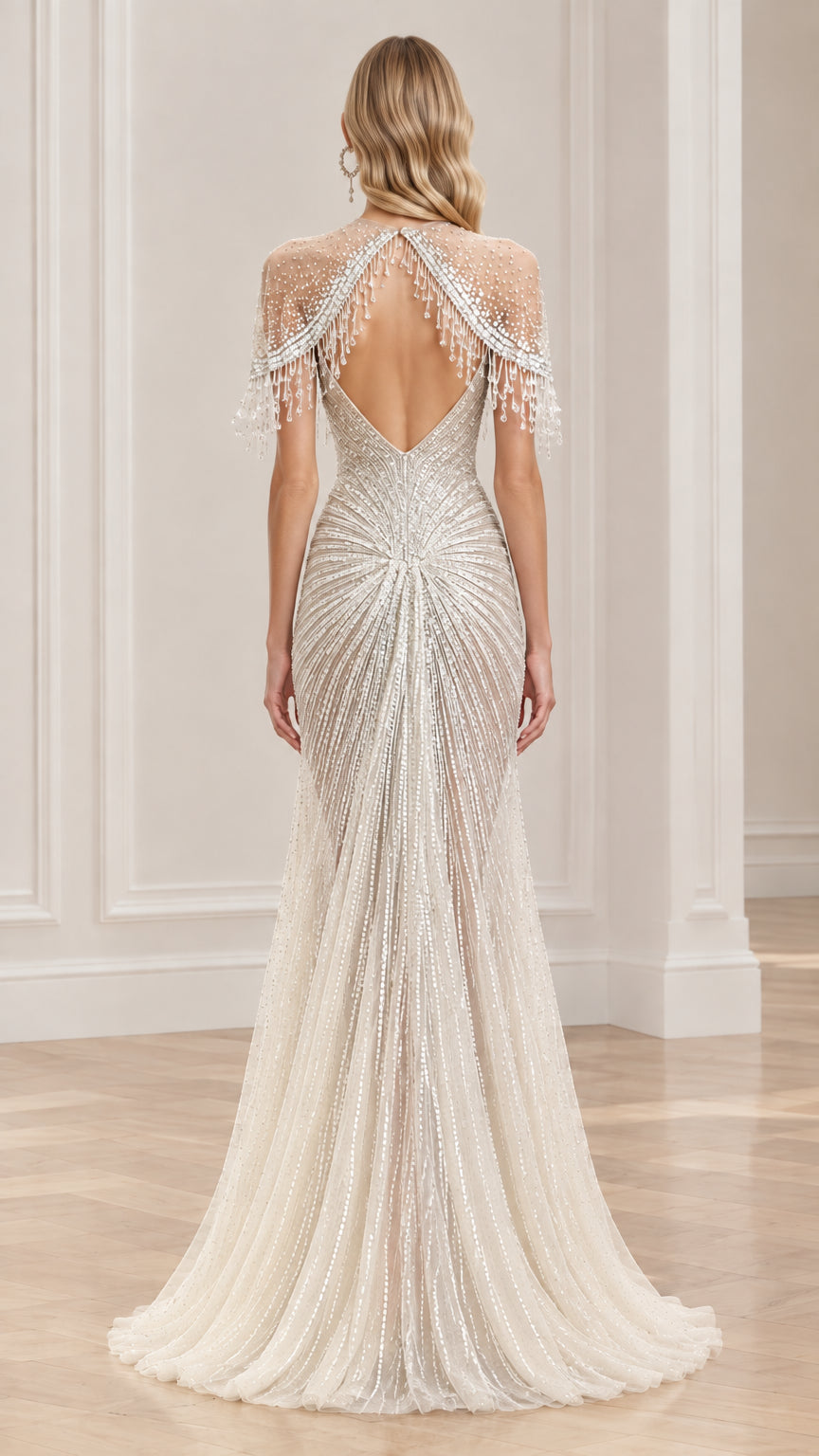 Back view of ivory beaded formal gown showing open keyhole back and subtle train