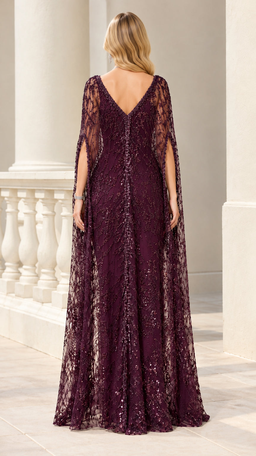 Plum sequin maxi dress back view showing sheer cape detail
