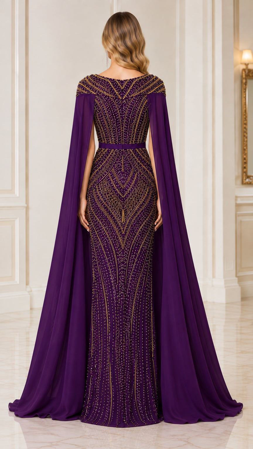 Back view of purple embellished formal dress with floor-length shoulder cape