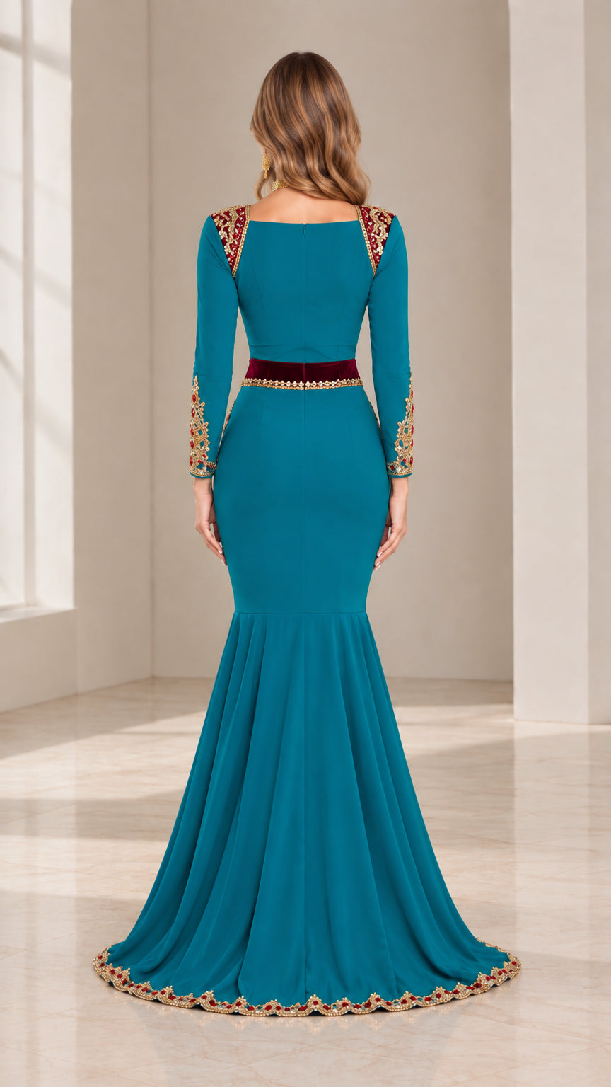 Back view of teal long sleeve formal gown with square back and flared mermaid skirt