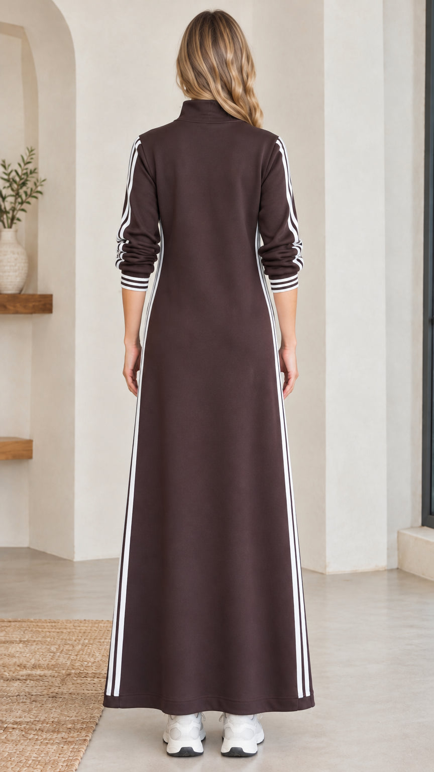 Back view of chocolate brown long sleeve casual maxi dress