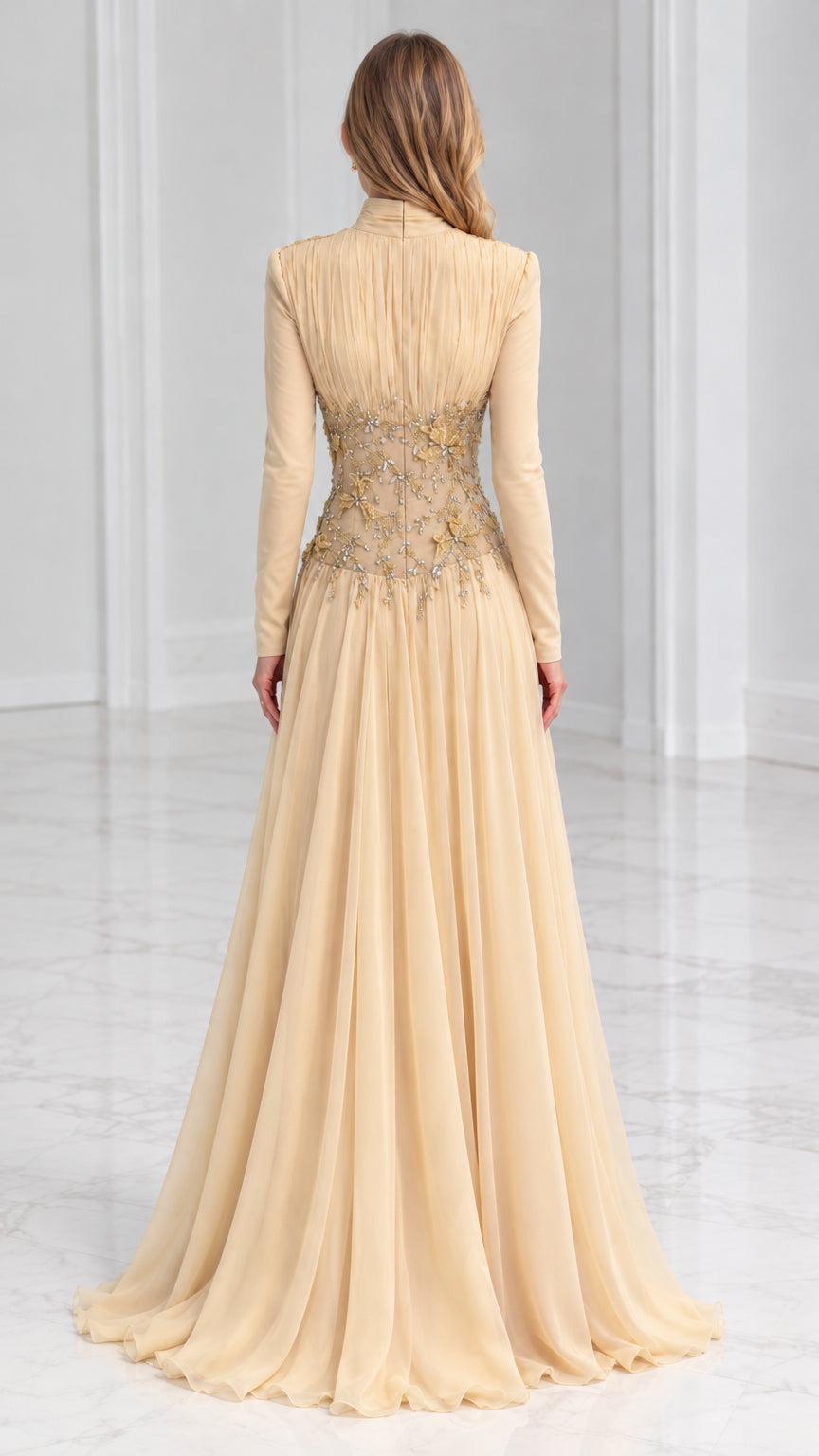 Back view of Champagne high-neck floor-length evening gown