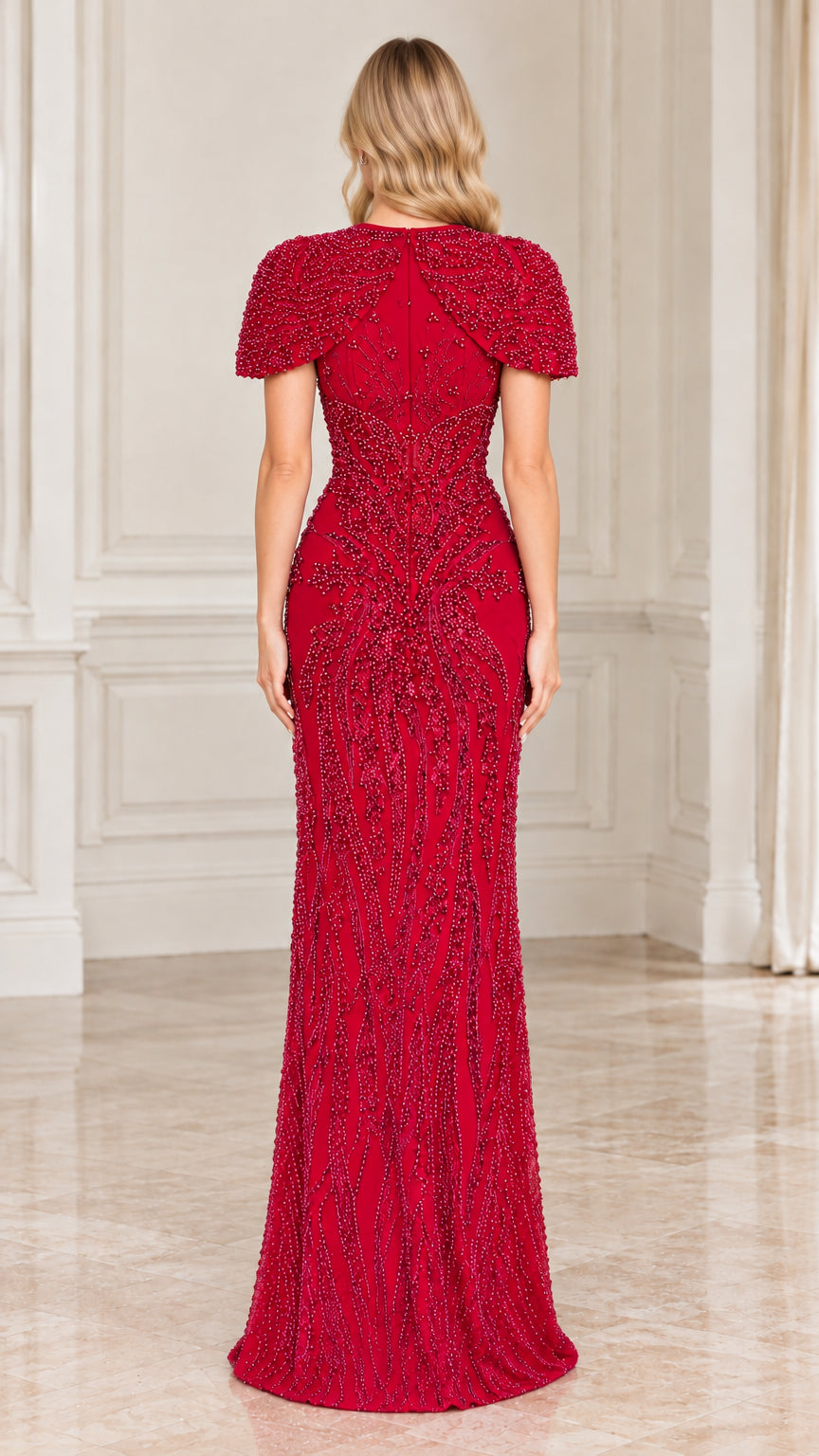 Red floor-length evening dress back view showing beaded detailing