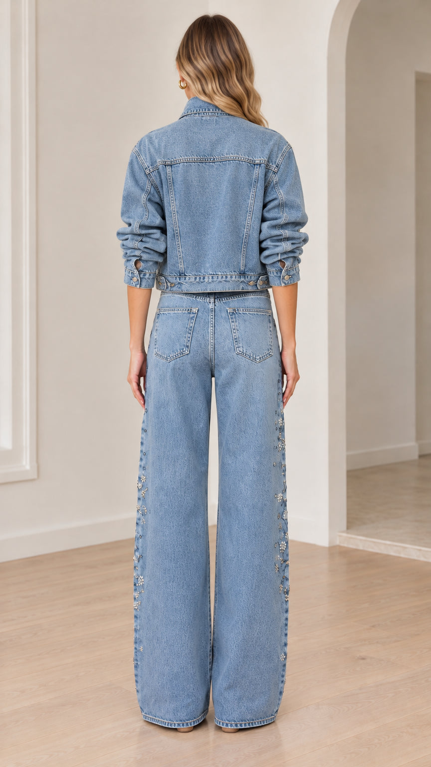 Back view of light blue denim jacket and wide-leg jeans two-piece set