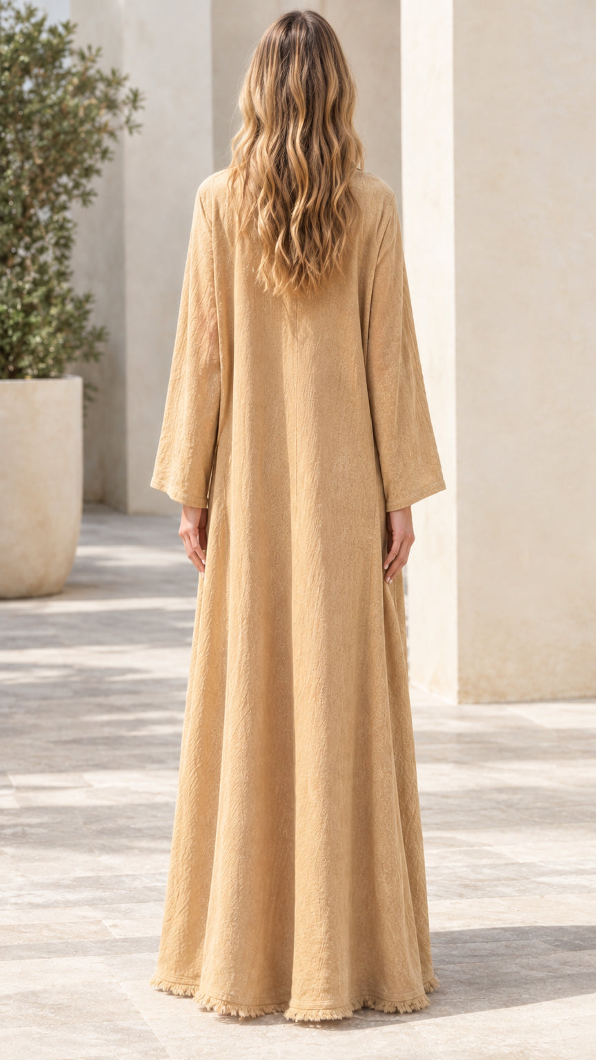 Back view of full length relaxed Sand Beige maxi dress and cardigan