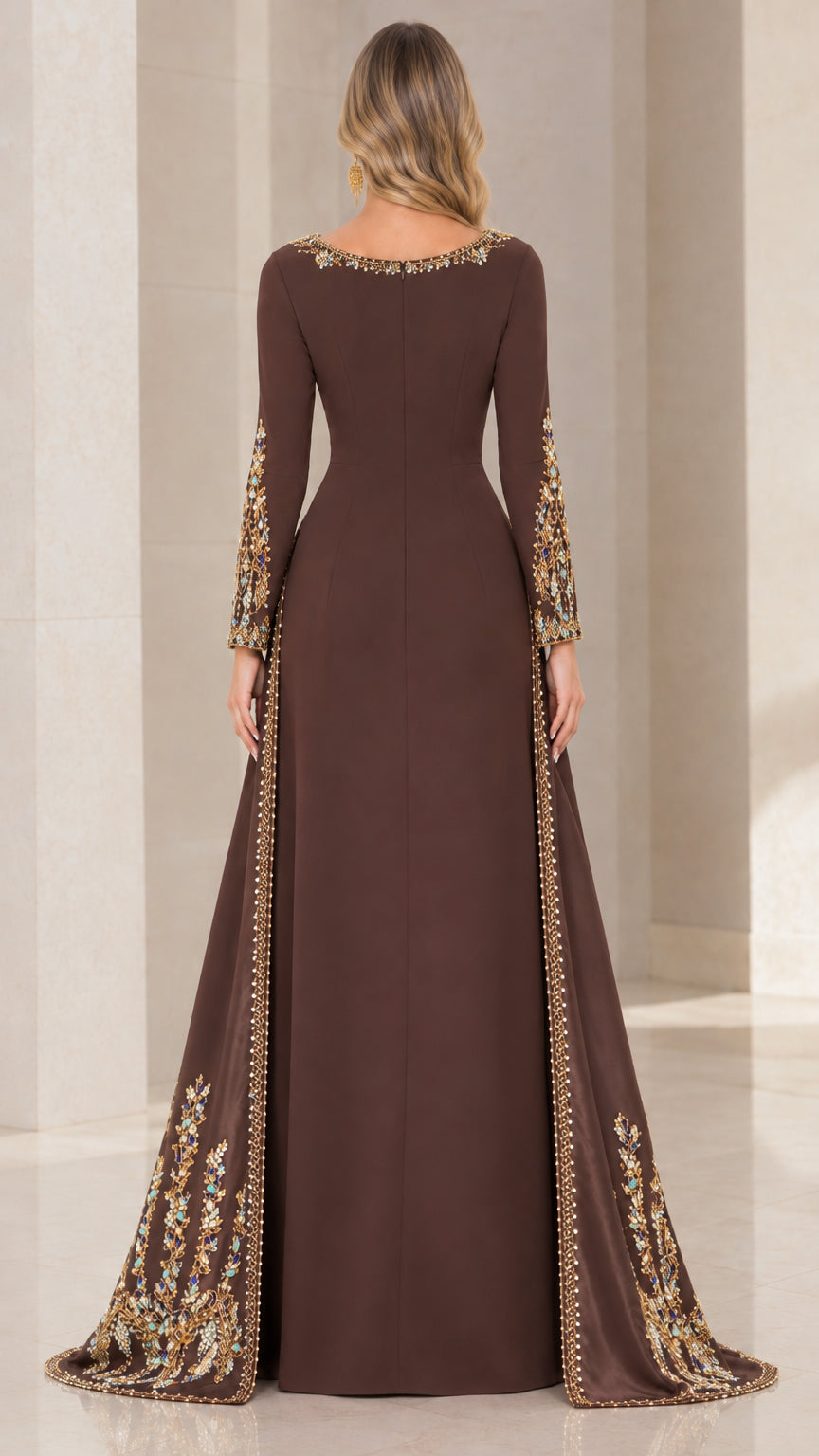 Back view of chocolate brown floor-length formal dress with cape train