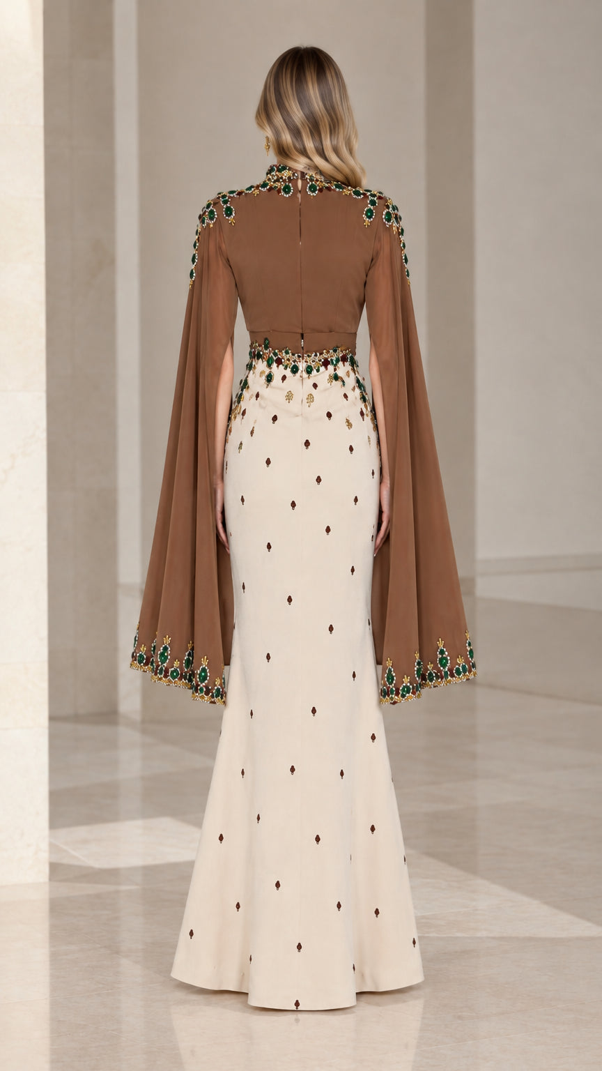 Back view of two-tone brown and cream jeweled cape dress