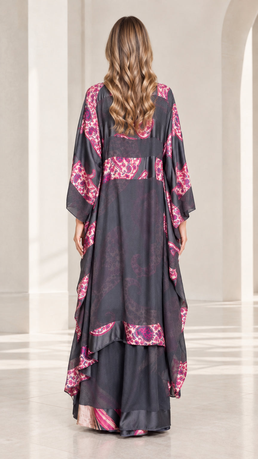 Full back view of charcoal grey draped kaftan maxi dress