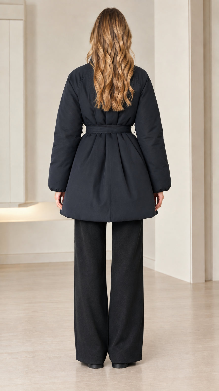 Back view of model wearing black padded jacket with cinched tie belt