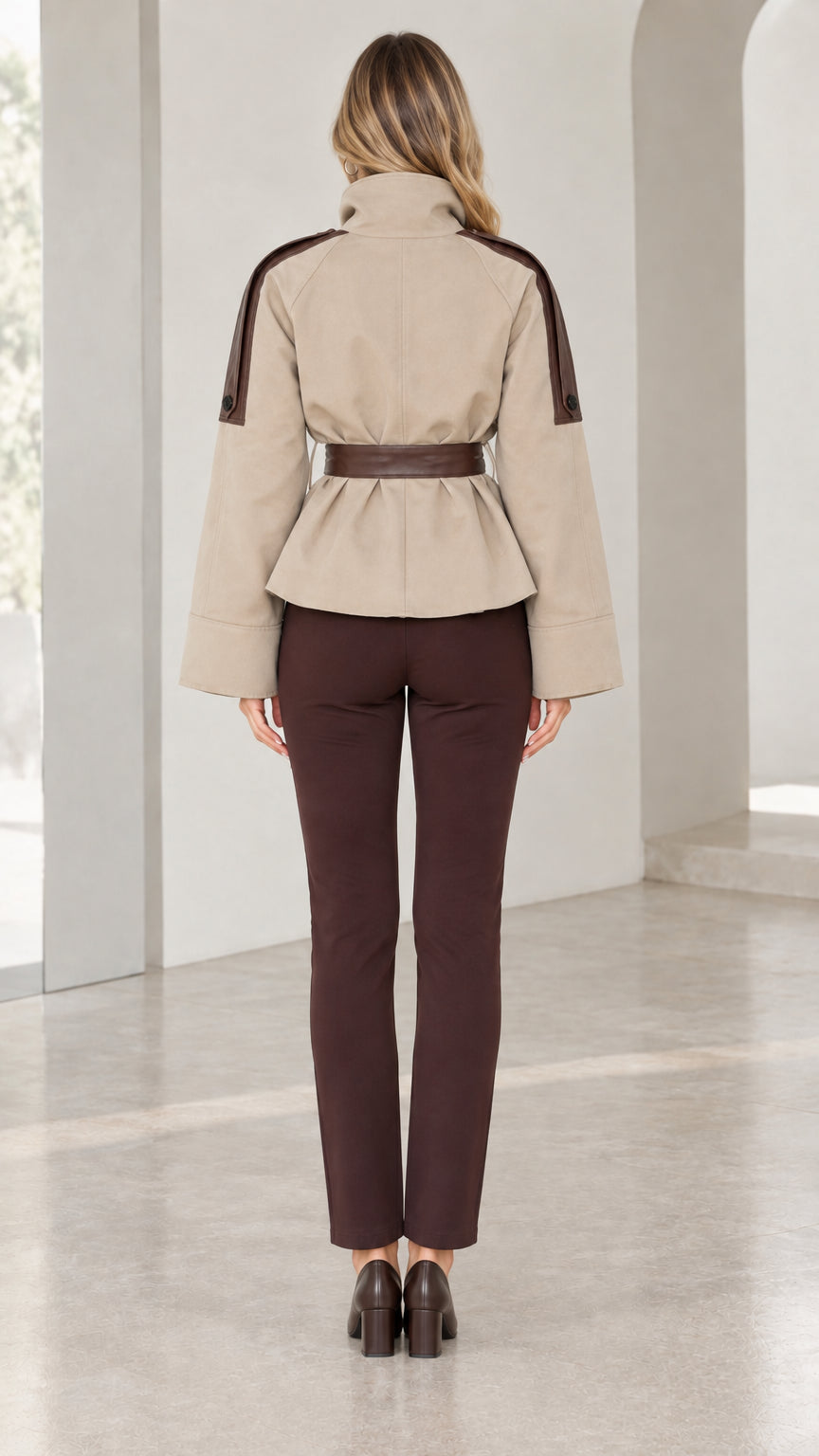 Back view of beige belted short jacket showing waist tie and shoulder detailing