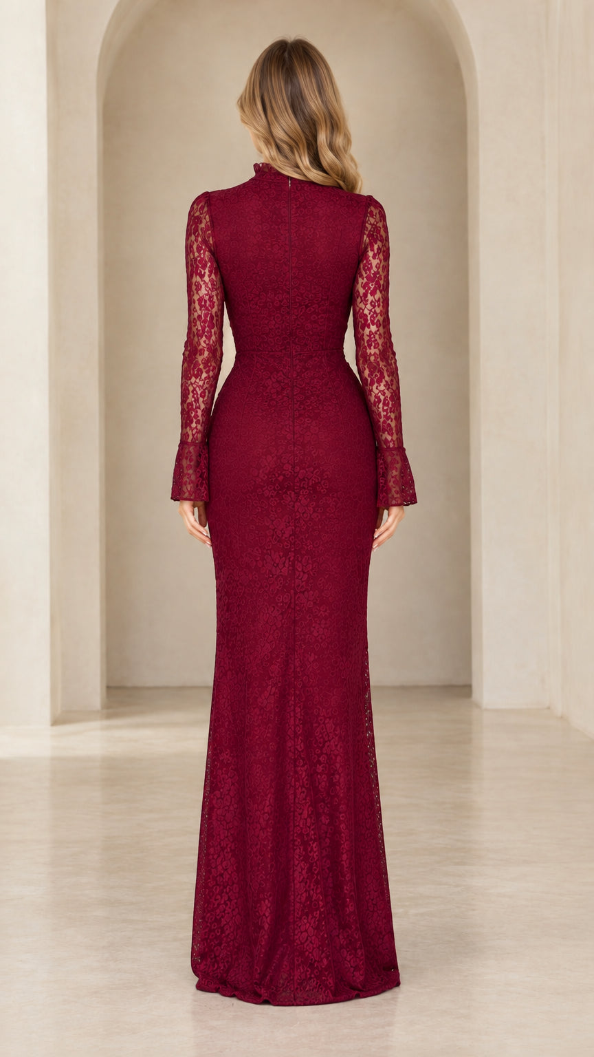 Burgundy lace evening gown back view showing zipper and fit