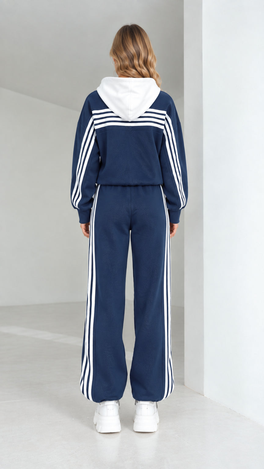 Back full view of navy blue hooded tracksuit showing contrast stripes across shoulders and down legs